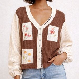 POL Embroidered Patchwork Thermal Cardigan Boho Cottagecore Top SZ S